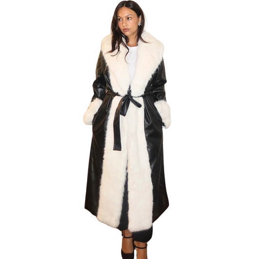 Faux Leather Faux Fur Long Coat