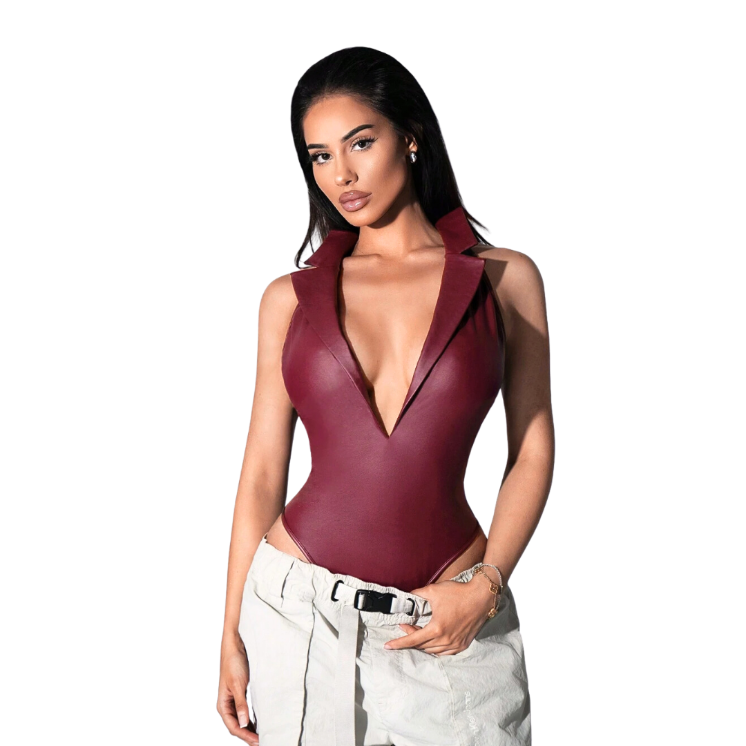 Faux Leather Lapel Bodysuit